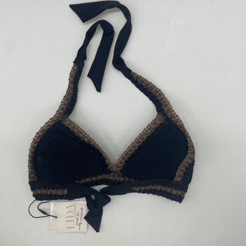 Lida black triangle bikini top new, size Small with crochet embroidery