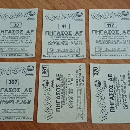 Panini 1996 football stickers, set of 6 Greek team logos