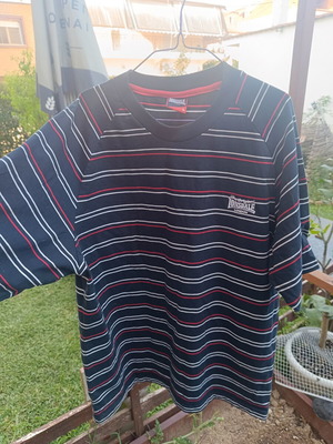 Lonsdale London Y2K Horizontal Multi Stripe Tee Navy Blue Size L like new