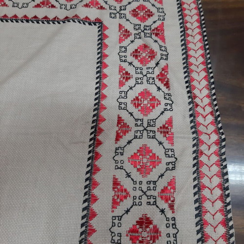 Vintage Hand Embroidered Tablecloth 1960s Silk Red and Black