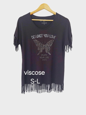 Boho black viscose blouse with butterfly, fringes and rhinestones by Canda like new