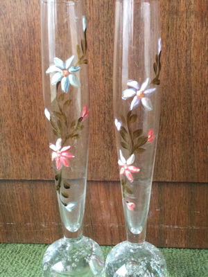 Glass vases pair 24cm hand-painted floral design with bubble base like new