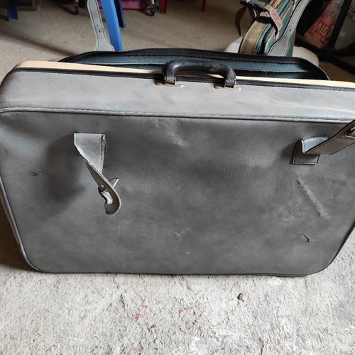 Leather suitcase old used, gray with broken zipper