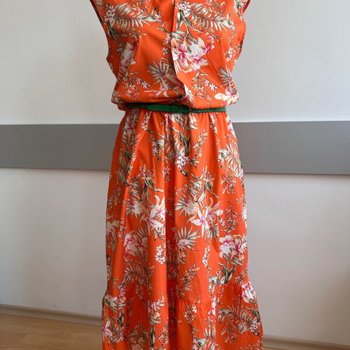 Summer orange dress with green leather belt like new