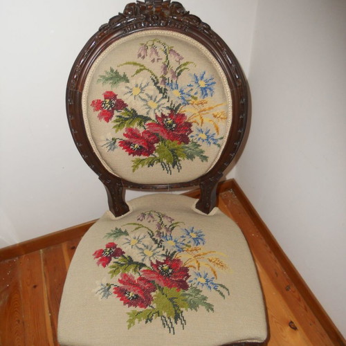 Pair of embroidered carved chairs used, vintage