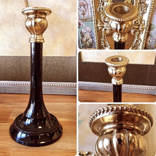 High Aesthetic Black/Gold Candlestick 20cm New
