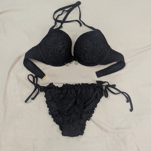 Black Crochet Lace Halter Bikini Set used with Gold Charms