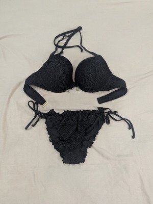 Black Crochet Lace Halter Bikini Set used with Gold Charms
