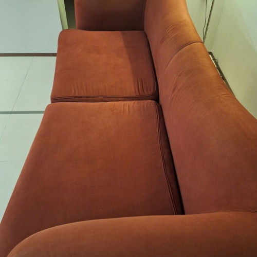 Three-Seater Sofa handmade with Beech Wood Frame, used, Bordeaux Alcantara Fabric