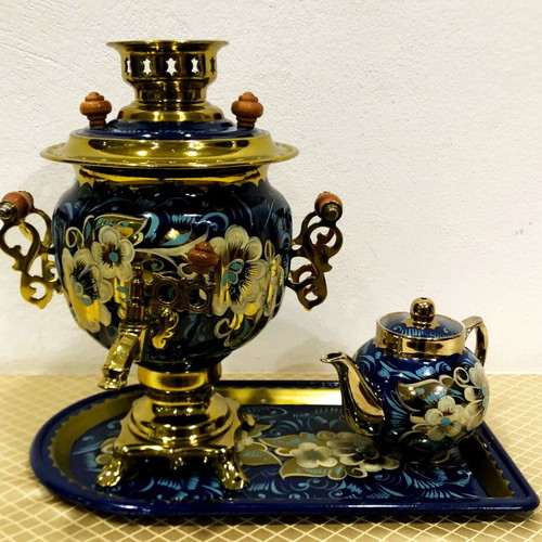 Vintage electric samovar with handmade painting, tray and teapot new
