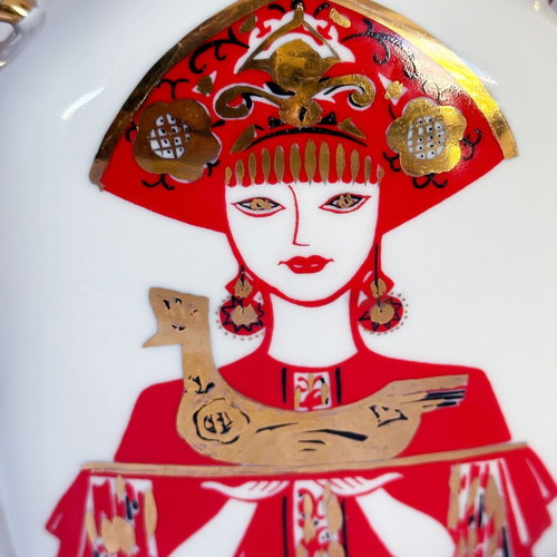 Vintage porcelain Lomonosov USSR folk art decanter set like new