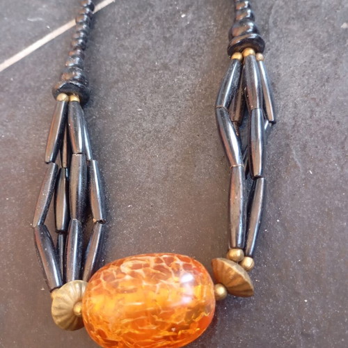 Vintage Boho Necklace with Large Amber Resin Bead and Black Elements like new