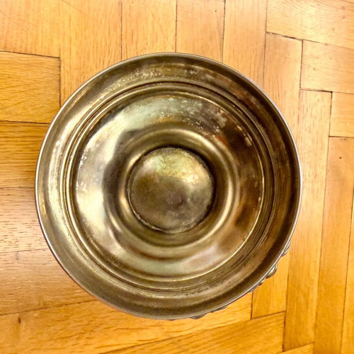 Vintage metal bowl with lid and base used, embossed floral design