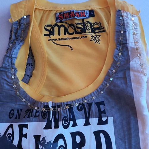 Smash Wear Y2K Tank Top with Graphic Print and Sequins like new, beige and yellow