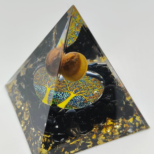 Handmade Orgonite Pyramid with Tiger's Eye and Tree of Life
