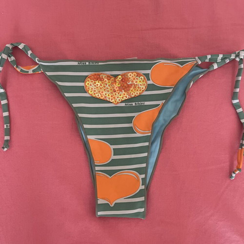 Miss Bikini bikini bottom used, vintage striped with orange hearts and sequins