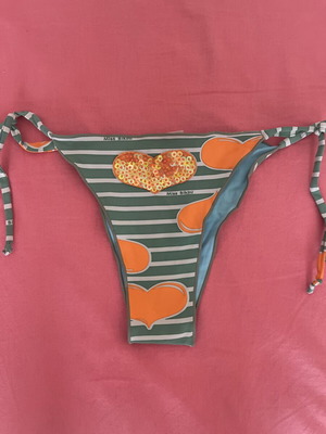 Miss Bikini bikini bottom used, vintage striped with orange hearts and sequins