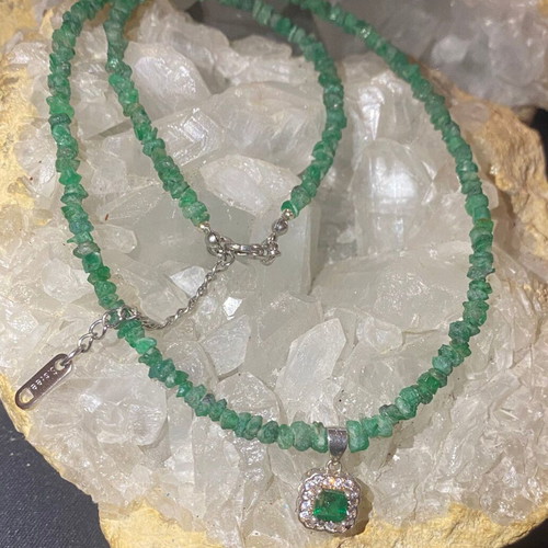 Handmade necklace with natural emeralds and moissanites, silver 925