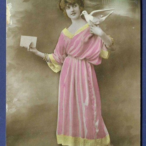 Vintage postcard Girl with dove used