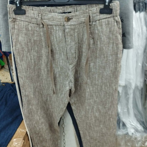 Men's Linen Pants NS-7778 Brown Modern with Drawstrings