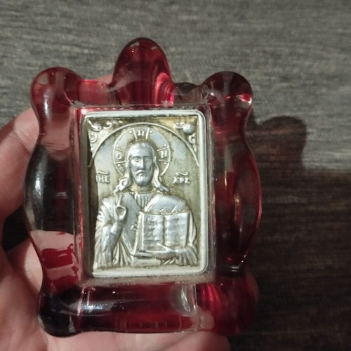 Glass religious icons used, set of two with Christ