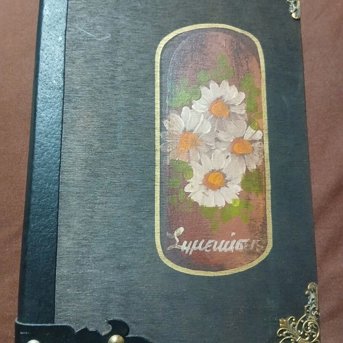 Vintage notebook handmade from wood and leather, hand-painted