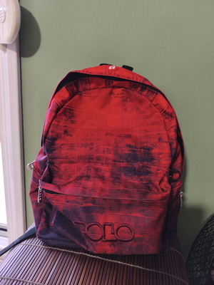 Polo backpack and scarf used, black and red
