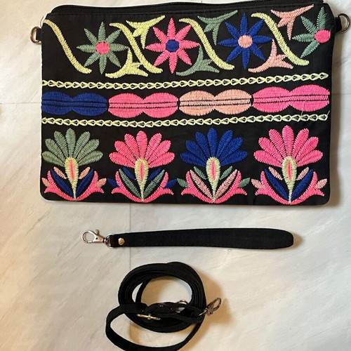 Boho Fabric Crossbody Bag Like New With Embroidered Flowers