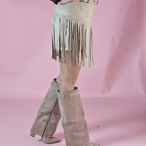 Skirt with fringes and built-in shorts, new, beige brown
