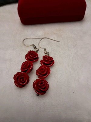 Earrings carved coral rose shape silver like new