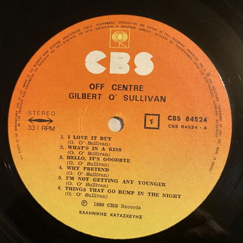 Gilbert O’Sullivan Off Centre LP like new, gatefold edition