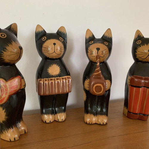 Wooden cat orchestra handmade, new, set of four figurines