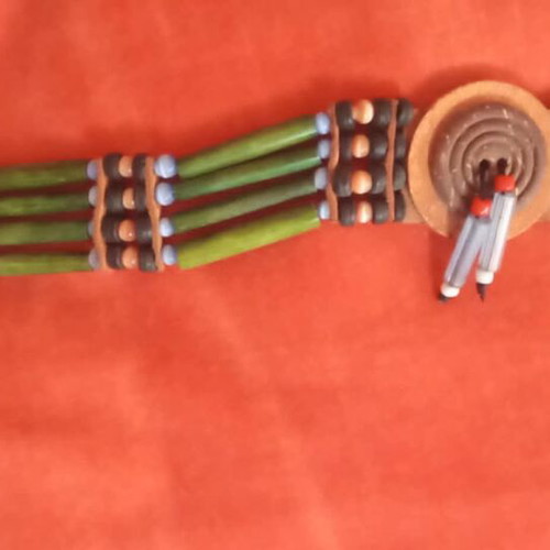 Choker with natural wood and glass beads, new, green and brown