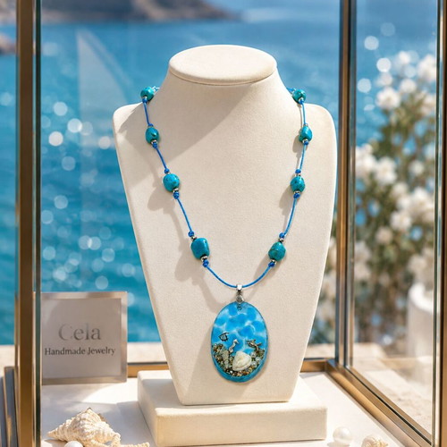 Handmade necklace with turquoise semiprecious stones and glass pendant
