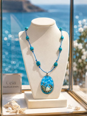 Handmade necklace with turquoise semiprecious stones and glass pendant