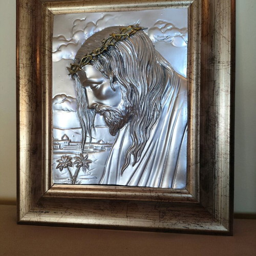 Embossed Silver Icon Jesus Christ with Crown of Thorns like new in wooden frame
