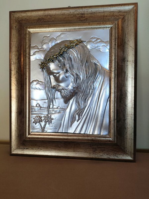 Embossed Silver Icon Jesus Christ with Crown of Thorns like new in wooden frame
