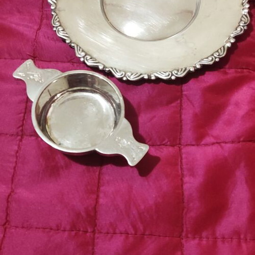 Silver-plated utensils used, bowl and plate with handmade carving