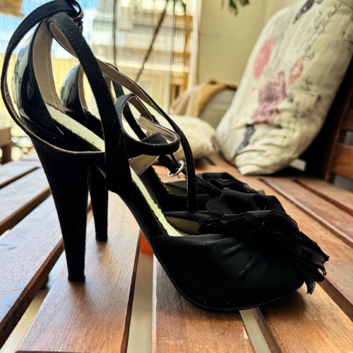 Killah sandals used, black with tulle and crisscross tie, 12cm heel