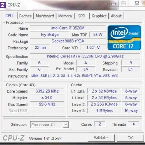 Intel Core i7-3520M processor used for laptop G2 socket 2900-3600MHz