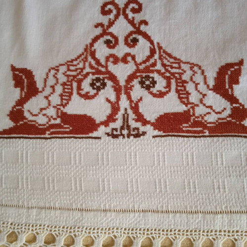 Handmade white embroidered table runner tzevres in terracotta-brown shades