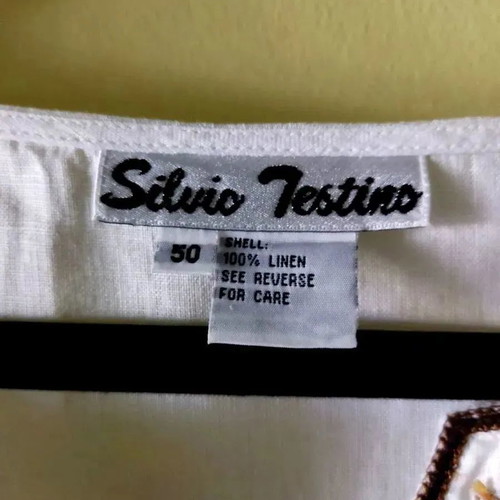 Silvio Testino linen blouse used, white with brown embroidered detail, size Large No50