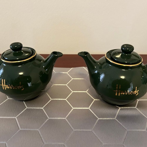 Harrods 12oz green teapots set of 2 with gold logo new