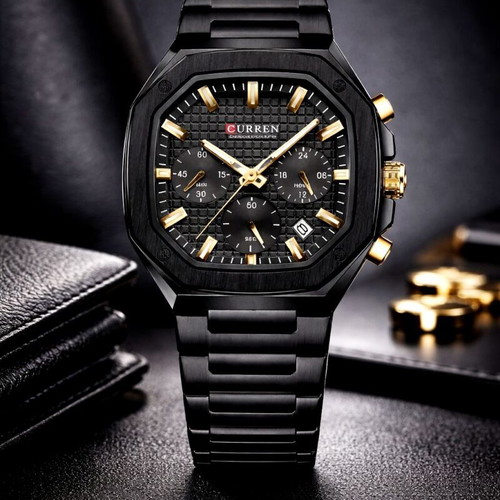 Ρολόι Curren Polygon Chrono καινούργιο, μαύρο με χρυσαφί λεπτομέρειες