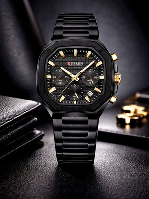 Ρολόι Curren Polygon Chrono καινούργιο, μαύρο με χρυσαφί λεπτομέρειες