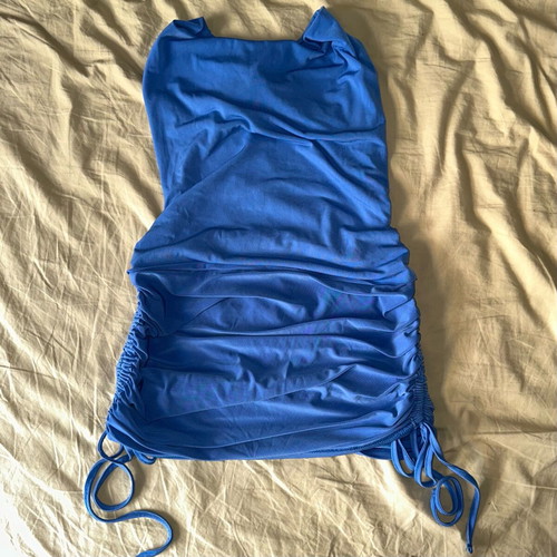 Blue bodycon mini dress with tie up detail like new