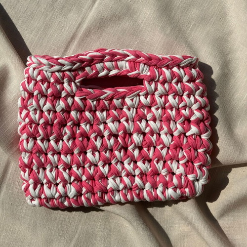 Handmade Crochet Mini Bag in White and Pink