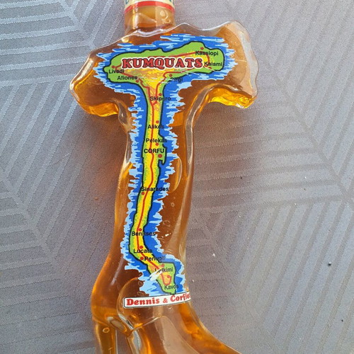 Kumquat liqueur Corfu in glass bottle shaped like women's boot new
