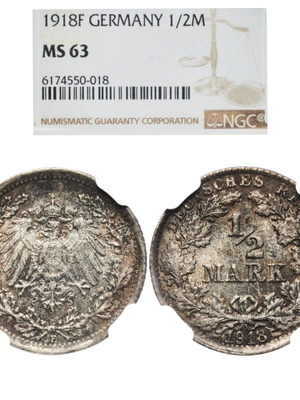 Ασημένιο 1/2 Μάρκο 1918F καινούργιο, πιστοποιημένο MS63 NGC με πατίνα