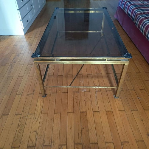 Vintage coffee tables set with brass frame and smoked glass used